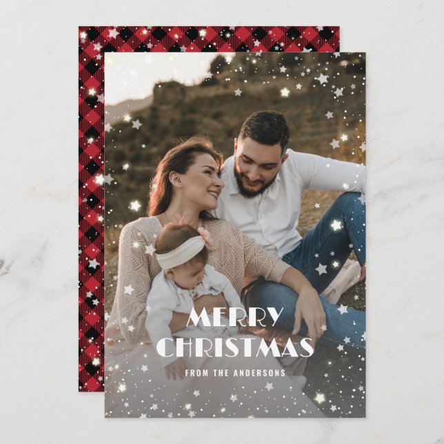 Tarjeta Festiva Snowowowly Merry Christmas Red Buffalo Plaid Photo (Anverso / Reverso)