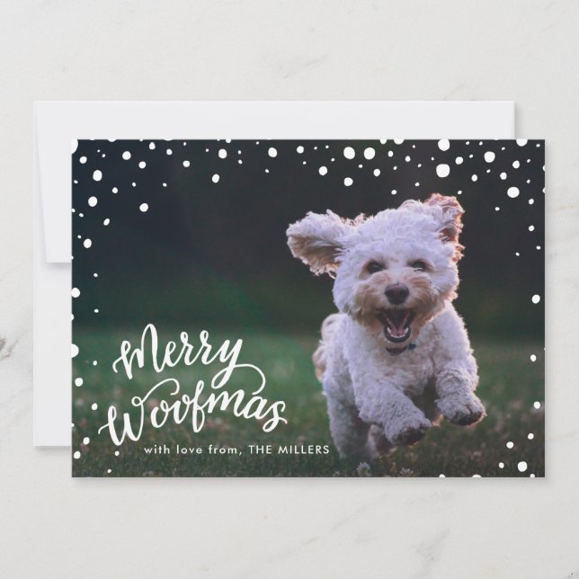 Tarjeta Festiva Snowowy Merry Woofmas Handletter | Foto de vacacio (Anverso)