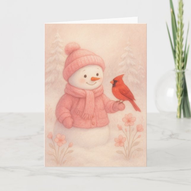 Tarjeta Festiva Snowwoman with Red Bird Christmas Card (Anverso)