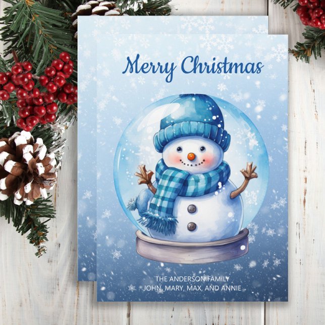 Tarjeta Festiva Snowworld Blue White Merry Christmas (Christmas greeting card with a cute blue and white Christmas snowman in a snow globe)