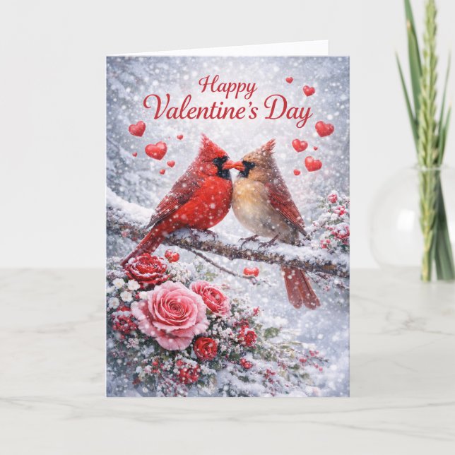 Tarjeta Festiva Snowy Cardinals Valentine’s Day: Love in Winter (Anverso)