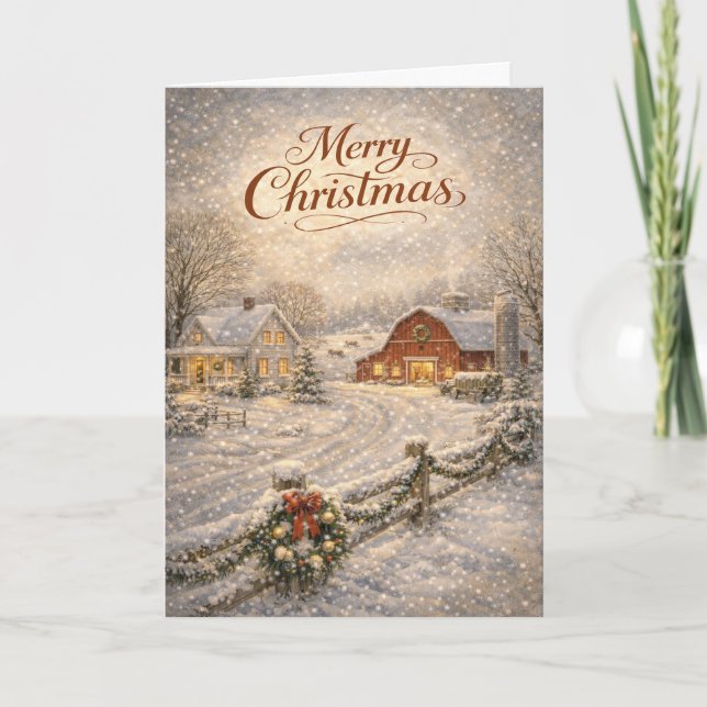Tarjeta Festiva Snowy Farmhouse and Red Barn Merry Christmas (Anverso)