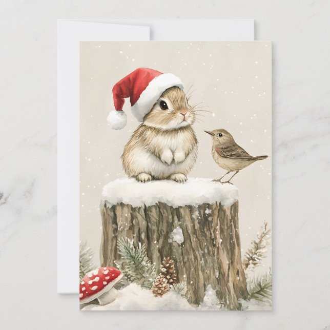 Tarjeta Festiva Snowy Forest Winter Woodland Christmas Bunny Bird  (Anverso)