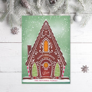 Tarjeta Festiva Snowy Gingerbread House Green Non-Photo