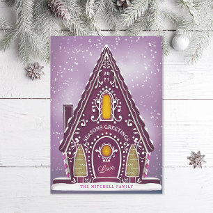 Tarjeta Festiva Snowy Gingerbread House Purple No Photo