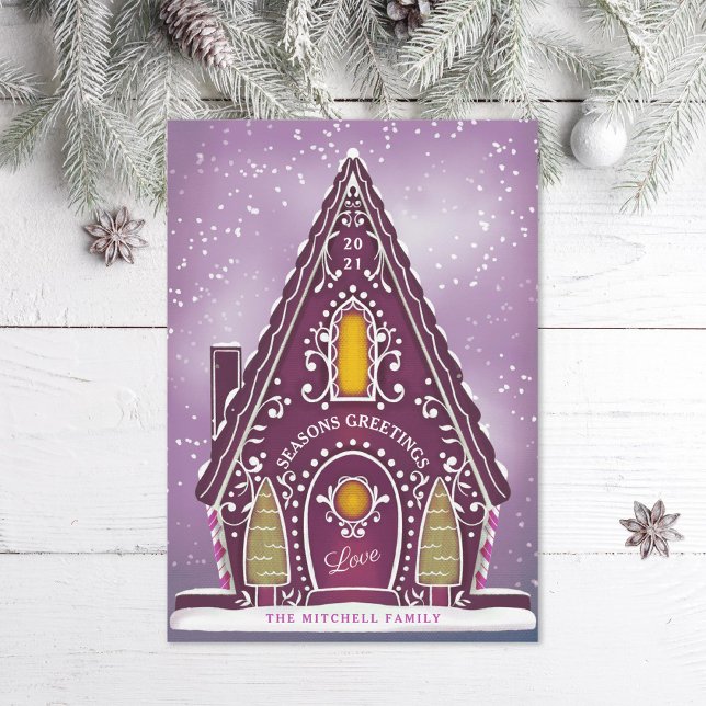 Tarjeta Festiva Snowy Gingerbread House Purple No Photo (Subido por el creador)