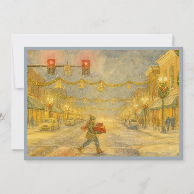 Tarjeta Festiva Snowy Holiday Downtown Scene Holiday Card (Anverso)
