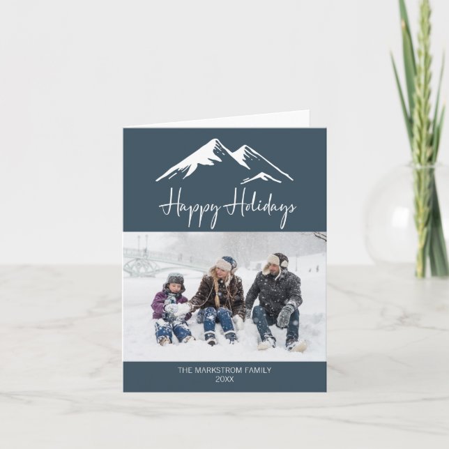 Tarjeta Festiva Snowy Mountain Blue Happy Holidays Photo Navidades (Anverso)