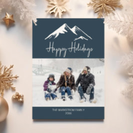 Tarjeta Festiva Snowy Mountain Happy Holidays Blue Photo Navidades