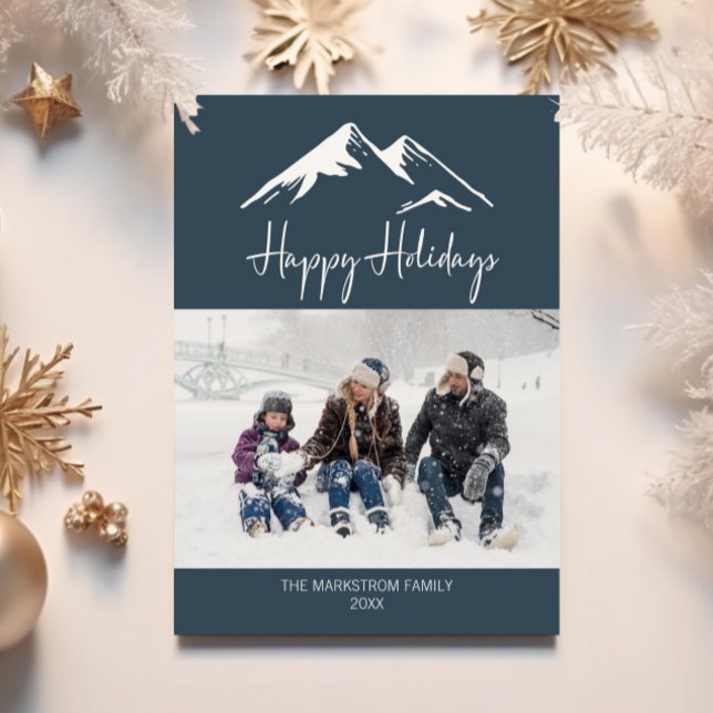 Tarjeta Festiva Snowy Mountain Happy Holidays Blue Photo Navidades (Subido por el creador)