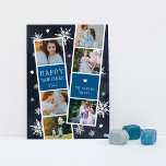 Tarjeta Festiva Snowy Photobooth Hanukkah Photo Collage<br><div class="desc">Cute Hanukkah photo card features two photo booth strips, each with three photos and a blue text panel, for a total of six photos. Personalize with the year and your family name or names in whimsical, festive white lettering, on a navy blue background dotted with hand white snowflakes and white...</div>