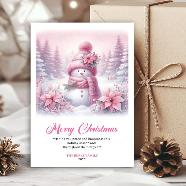 Tarjeta Festiva Snowy pink coquette snowman kids card digital art (Snowy pink coquette snowman kids card digital art)