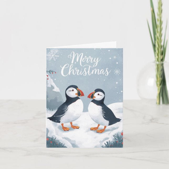 Tarjeta Festiva Snowy Puffins Christmas Card (Anverso)
