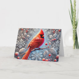 Tarjeta Festiva Snowy Red Winter Cardinal in Holly