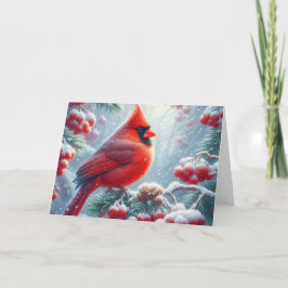 Tarjeta Festiva Snowy Red Winter Cardinal in Holly