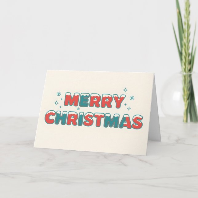 Tarjeta Festiva Snowy Retro Kids Script Merry Christmas (Anverso)