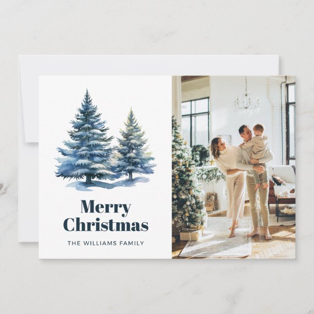 Tarjeta Festiva Snowy Trees Poinsettia Photo Christmas Card (Anverso)