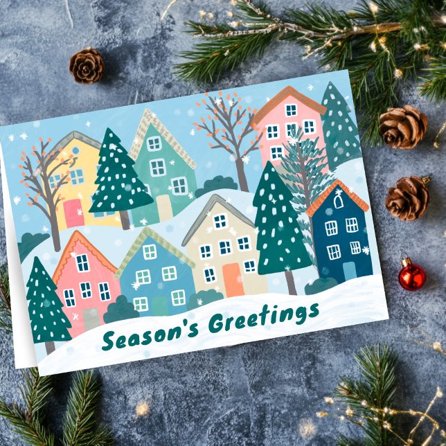 Tarjeta Festiva Snowy Village Illustration Cute Season's Greetings (Snowy Village Illustration Cute Season's Greetings Holiday Christmas Card
)