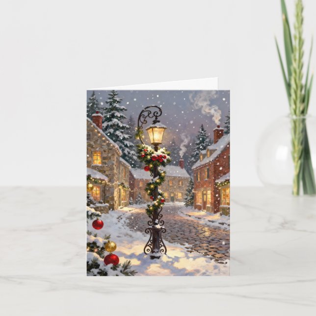 Tarjeta Festiva Snowy Village Scene with Lamppost  (Anverso)