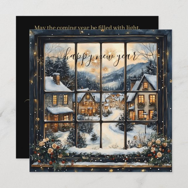 Tarjeta Festiva Snowy Village Window Scene with New Year Greeting (Anverso / Reverso)