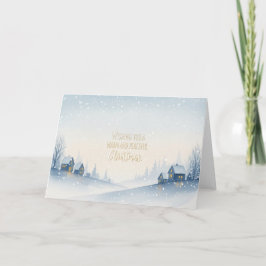 Tarjeta Festiva Snowy Winter Hillside Village with Warm Christmas 