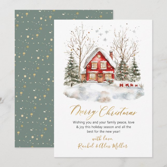 Tarjeta Festiva Snowy Winter Scene Gold Script Navidades no fotogr (Anverso / Reverso)