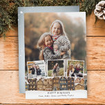 Tarjeta Festiva Snowy Winter Village Cuatro Collages de fotos<br><div class="desc">Ilustracion de vacaciones pintoresco con una hilera de casas con techos cubiertos de nieve,  tres plantillas de fotos cuadradas y una plantilla de fondo fotográfico orientado a retratos con campos de texto editables.</div>