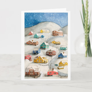 Tarjeta Festiva Snowy Winter Village Scenic Art
