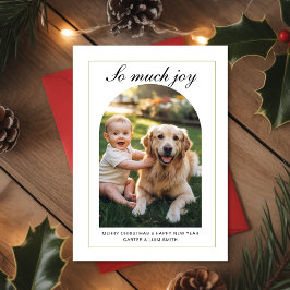 Tarjeta Festiva So Much Joy Baby & Dog Christmas Photo Card