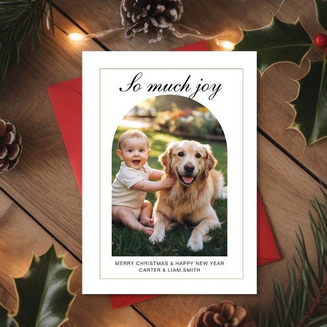 Tarjeta Festiva So Much Joy Baby & Dog Christmas Photo Card (Subido por el creador)