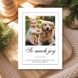 Tarjeta Festiva So Much Joy dog baby Photo Christmas Card