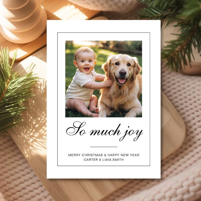 Tarjeta Festiva So Much Joy dog baby  Photo Christmas Card (Subido por el creador)