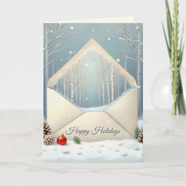 Tarjeta Festiva Sobre Felices Fiestas Con Árboles Birch (Anverso)