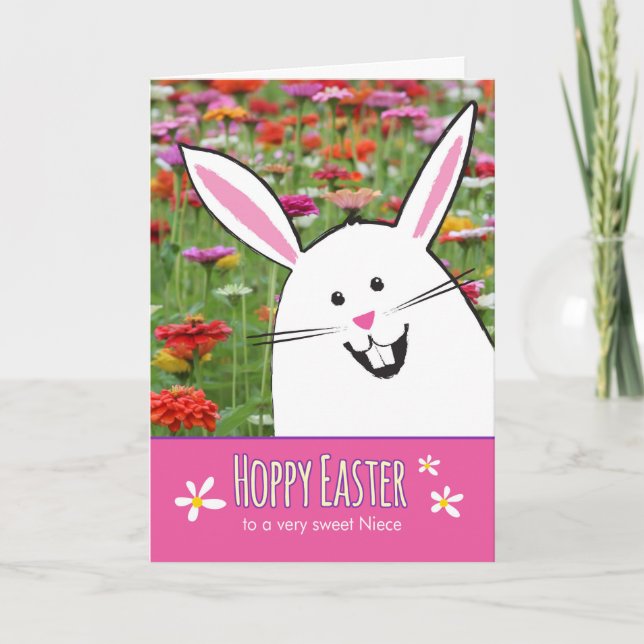 Tarjeta Festiva Sobrina de lúpulo de Pascua, con el conejito lindo (Anverso)