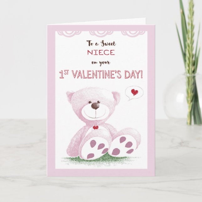 Tarjeta Festiva sobrina, primer El día de San Valentín, osito de p (Anverso)