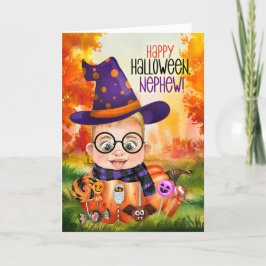 Tarjeta Festiva Sobrino pequeño mago niño calabaza para Halloween