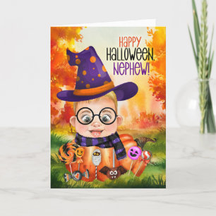 Tarjeta Festiva Sobrino pequeño mago niño calabaza para Halloween