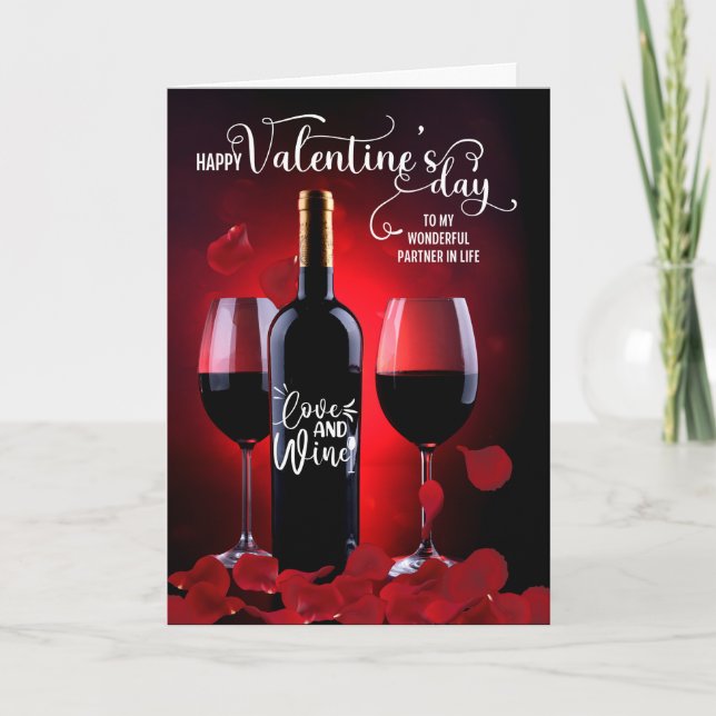 Tarjeta Festiva Socio de la vida Rosa romántico Petals Vino Valent (Anverso)