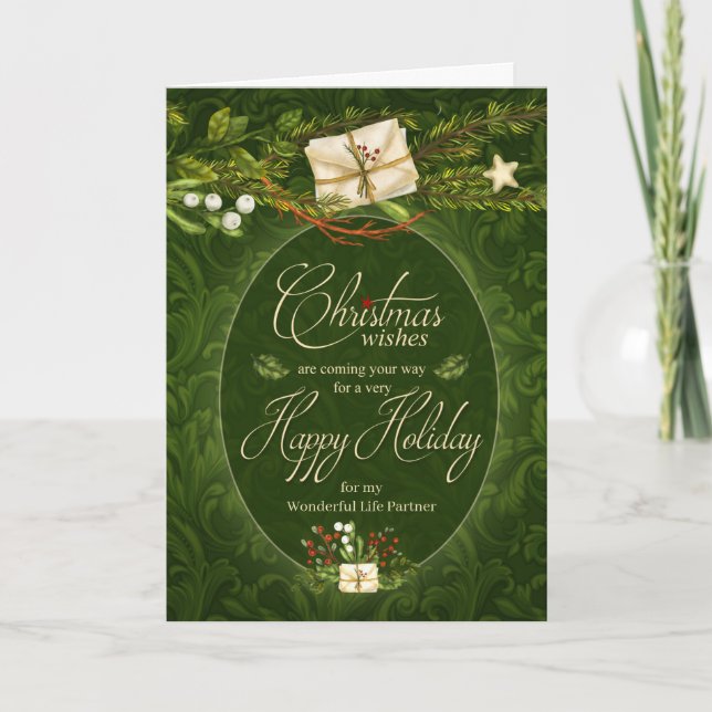 Tarjeta Festiva Socio de vida Navidades con estilo Retro Green (Anverso)