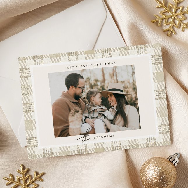 Tarjeta Festiva Soft Beige Gingham Photo Christmas (Subido por el creador)
