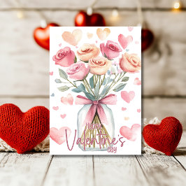 Tarjeta Festiva Soft pink rose jar with bow Happy Valentines Day
