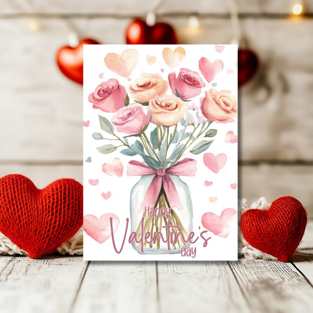 Tarjeta Festiva Soft pink rose jar with bow Happy Valentines Day (Subido por el creador)