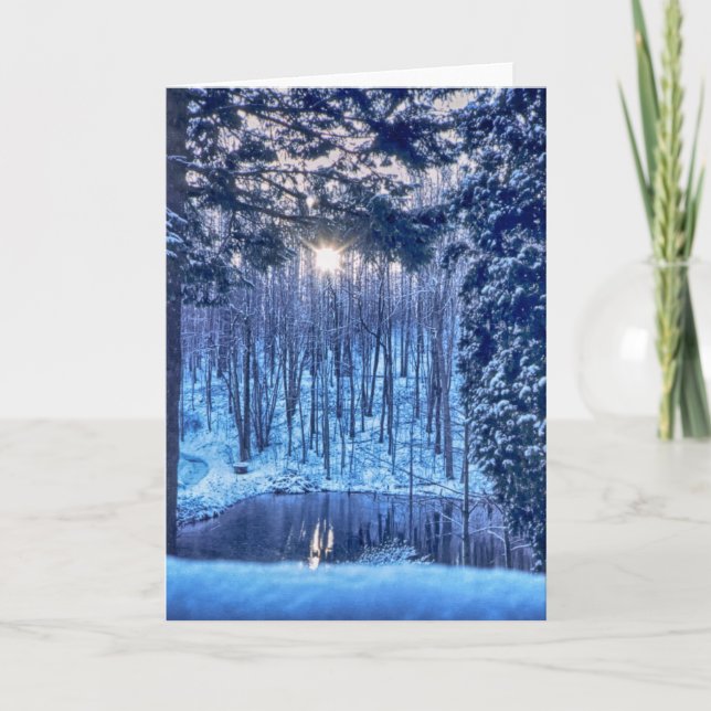 Tarjeta Festiva Sol a través de árboles en estanque en nieve (Anverso)
