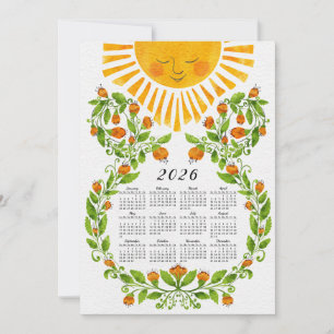 Tarjeta Festiva Sol del calendario 2025 y flores Naranjas