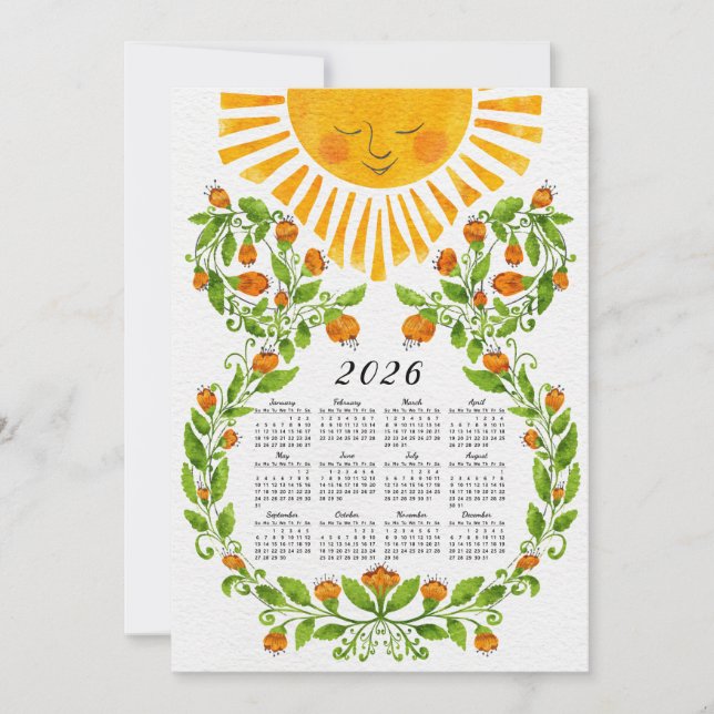 Tarjeta Festiva Sol del calendario 2026 y flores Naranjas (Anverso)
