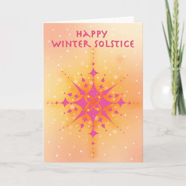 Tarjeta Festiva Solsticio de invierno con sol cálido y copos de ni (Anverso)