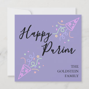 Tarjeta Festiva Sombrero de fiesta de neón púrpura de Purim con no