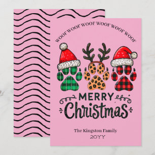 Tarjeta Festiva Sombrero de Santa Cuernos y Huellas de Garra Rosa