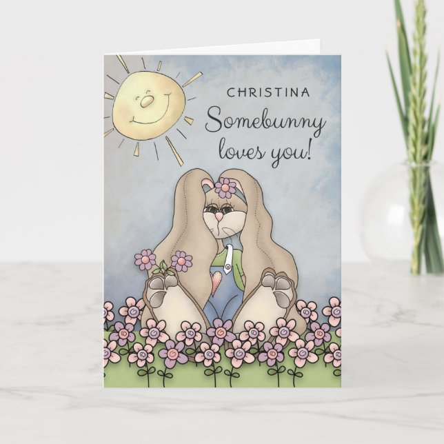 Tarjeta Festiva ¡Somebunny Te ama! Chica Bunny Personalizado (Anverso)