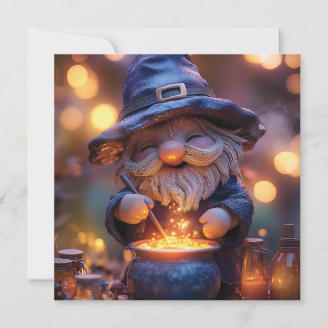 Tarjeta Festiva Sonriente Gnome Stirring Magic Pot (Anverso)